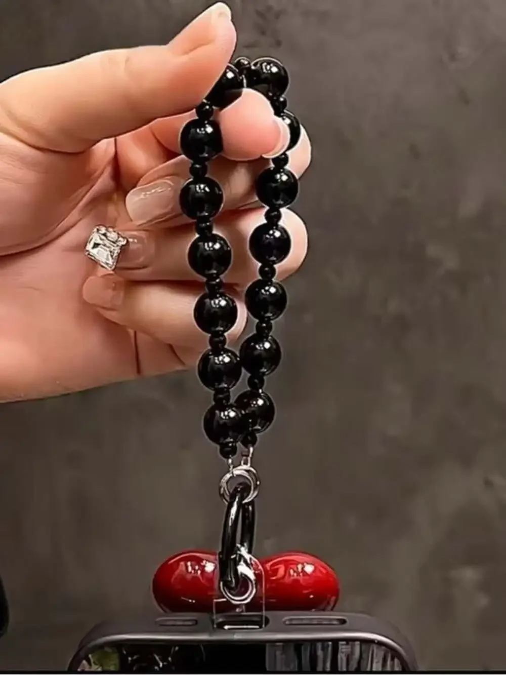 Red Heart Keyring Wristlet with Black Beaded Loop